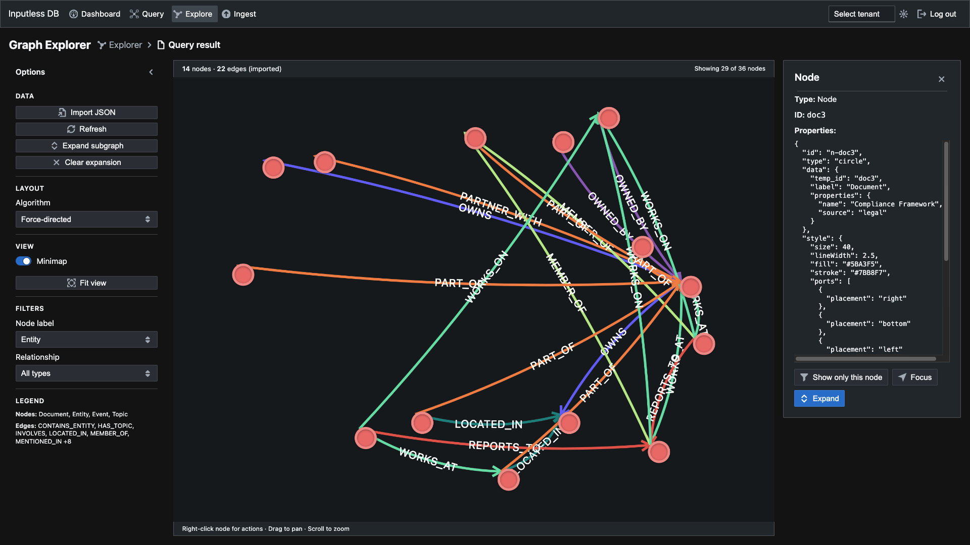 Graph Explorer — Legend, filters, and relationship types